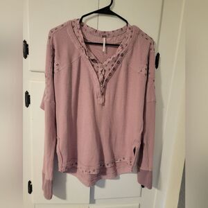 Free People Pink Heart to Heart Rib Snap Floral Henley Thermal Xsmall